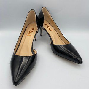 FSJ Black Pointy Toe Patent Leather Kitten Pumps